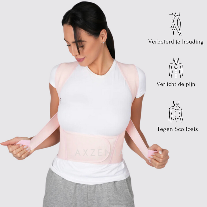 "Zwarte houdingstrainer voor rug en schouders, onzichtbaar onder kleding, geschikt voor vrouwen, bevordert comfort."