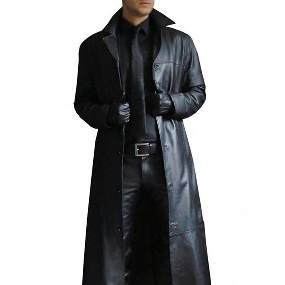 Zwarte premium leren herenjas, stijlvol en warm, geschikt voor herfst en winter, met hoogwaardige details.
