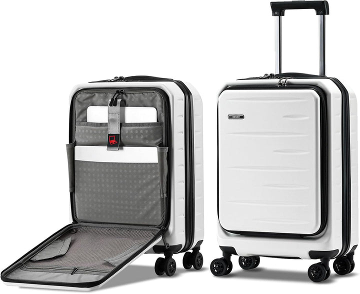 Uitbreidbare harde schil koffer in donkere tint met voorklep en veilig TSA-slot.