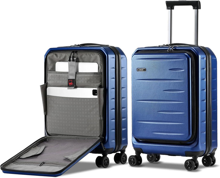 Ruime uitbreidbare handbagage koffer met voorklep, spinnerwielen en TSA-slot.