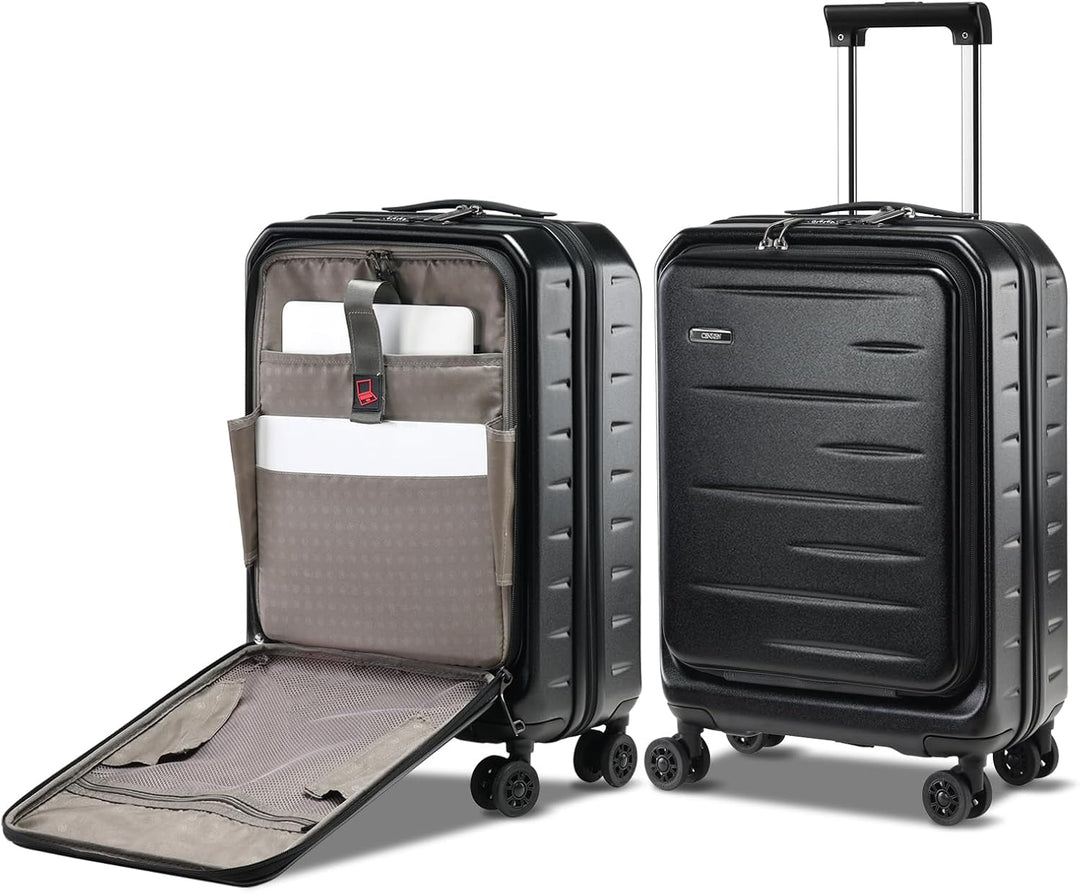 Compacte, uitbreidbare handbagage koffer in donkere kleur met praktische voorklep voor snelle toegang.