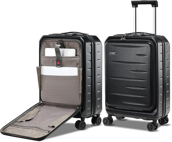 Compacte, uitbreidbare handbagage koffer in donkere kleur met praktische voorklep voor snelle toegang.