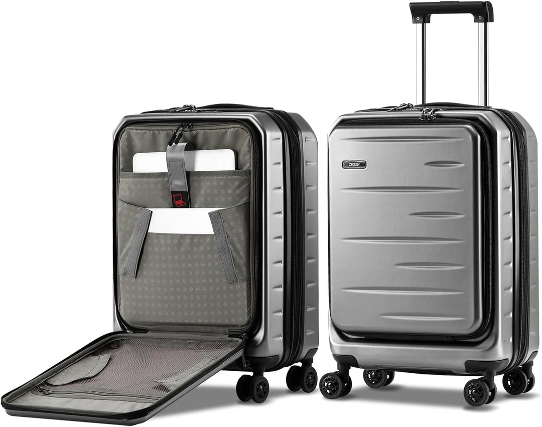 Slimme handbagage koffer met voorklep en extra volume door uitbreidbare functie voor reizigers.