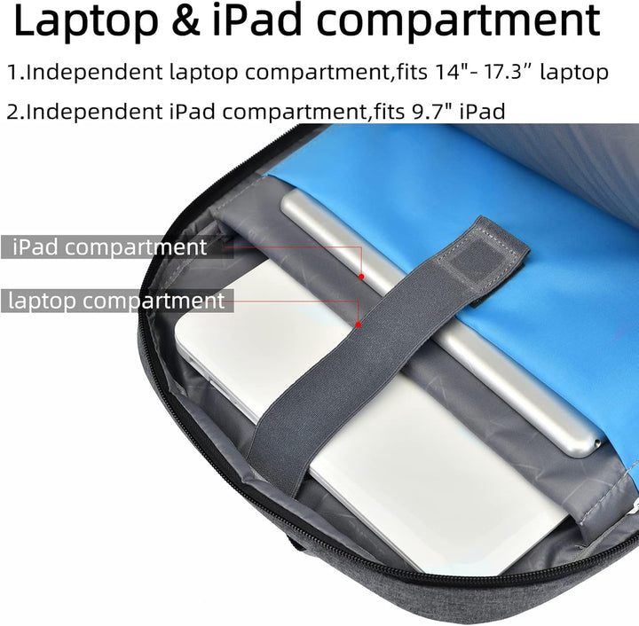 Donkergrijze pendelrugzak met laptopvak, USB-poort en waterbestendig materiaal.