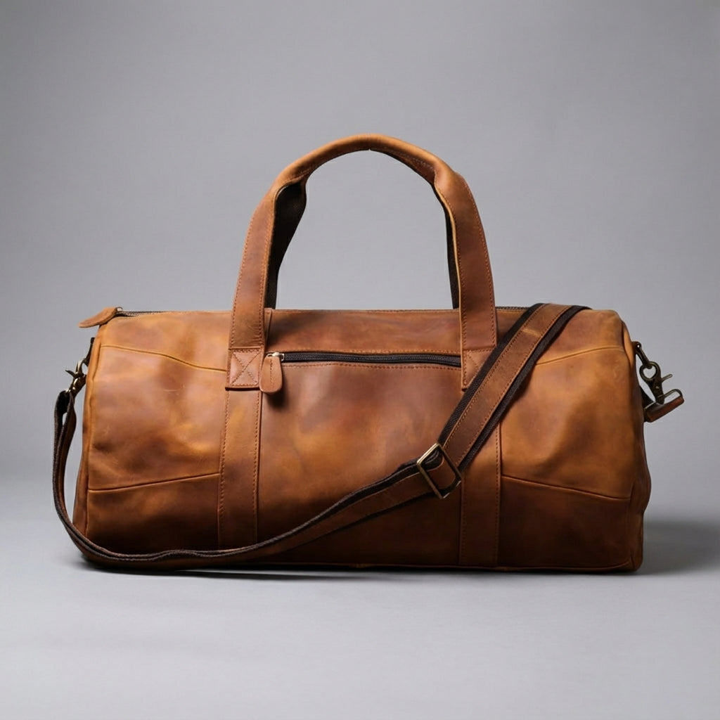 Chique unisex duffelbag in vintage bruin, ruime handbagage reistas met verstelbare schouderband voor comfort.
