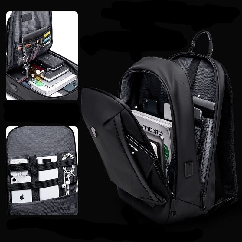 Stijlvolle zwarte nylon heren rugzak, waterbestendig en multifunctioneel met laptopvak.