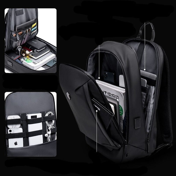 Stijlvolle zwarte nylon heren rugzak, waterbestendig en multifunctioneel met laptopvak.